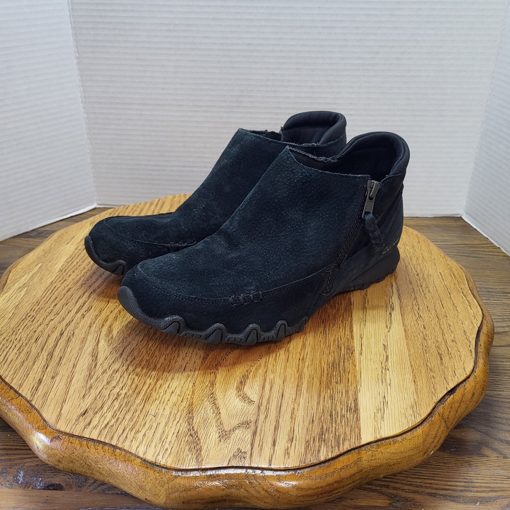 Skechers Relaxed Fit Bikers Zippiest Ankle Boots Black Suede Leather Women's 9